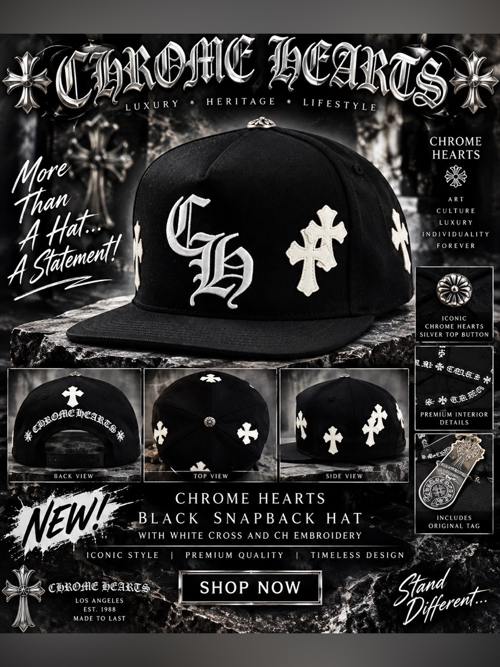 Chrome Hearts Black Snapback Hat with White Cross and CH Embroidery!🔥New!